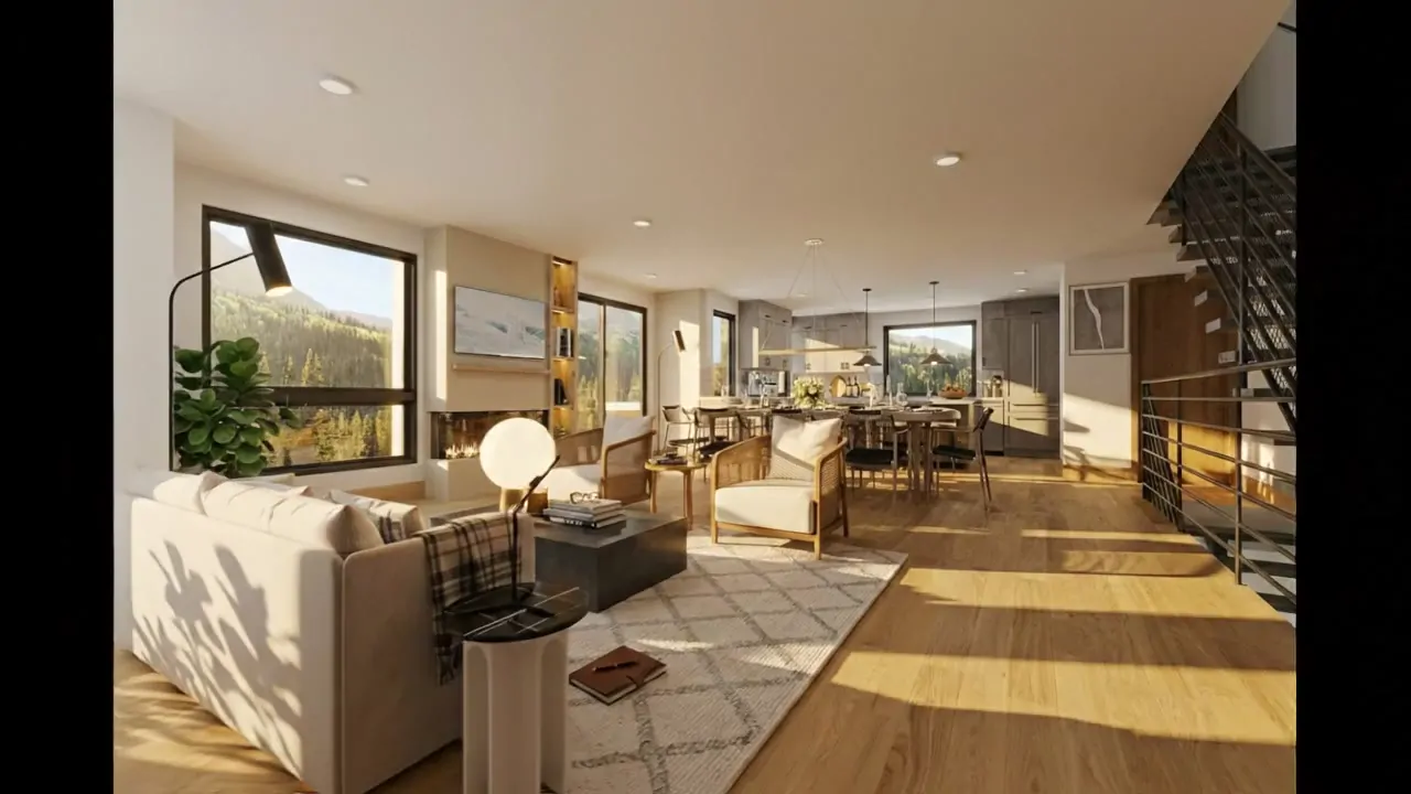 Powder Peak slopeside residence interior framing the Whitefish Mountain view